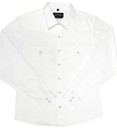TODDLER to CHILD White Horse WHITE western shirt. <ul> <li>Pearl snap buttons</li> <li>matching western shirts</li> <li>65% Poly, 35% Cotton</li> <li>6 mos - Child 16/18</li> </ul> •