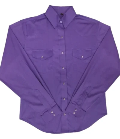 LADIES PURPLE Longsleeve western shirt <ul style="list-style: square inside none;"> <li>Pearl snaps</li> <li>Western yoke</li> <li>65% Poly, 35% Cotton</li> <li>M to L</li> </ul> •