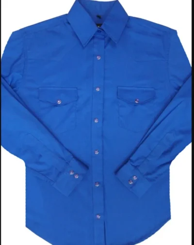 <strong>Royal Blue Long sleeve</strong> western shirt for the ladies. <ul style="list-style: square inside none;"> <li>Pearl snaps</li> <li>65% Poly, 35% Cotton</li> <li>matching western shirts</li> <li><strong>XS- 2XL</strong></li> </ul> •