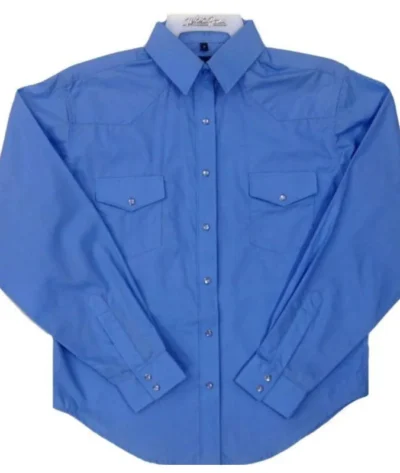 Wedgewood blue Longsleeve western shirt for the ladies. <ul> <li>Pearl snaps</li> <li>Western yoke</li> <li>65% Poly, 35% Cotton</li> <li>SIZES: L</li> </ul> •