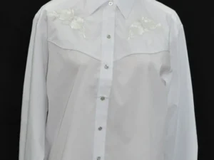 A Women's Rose Embroidered Pearl Snap White Western Shirt with embroidered flowers on it.