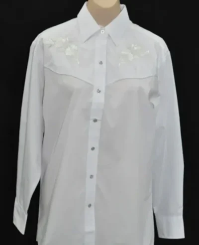 Women's Rose Embroidered Pearl Snap White Western Shirt