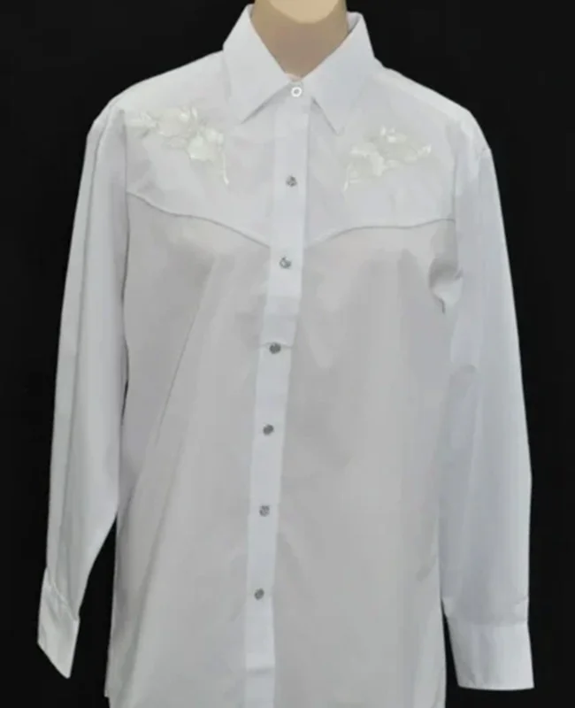 Women's Rose Embroidered Pearl Snap White Western Shirt