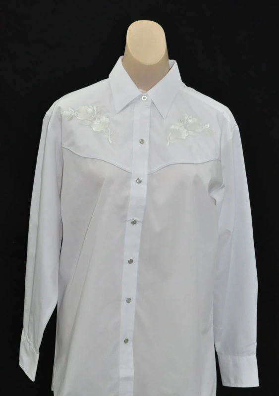 A Women's Rose Embroidered Pearl Snap White Western Shirt with embroidered flowers on it.