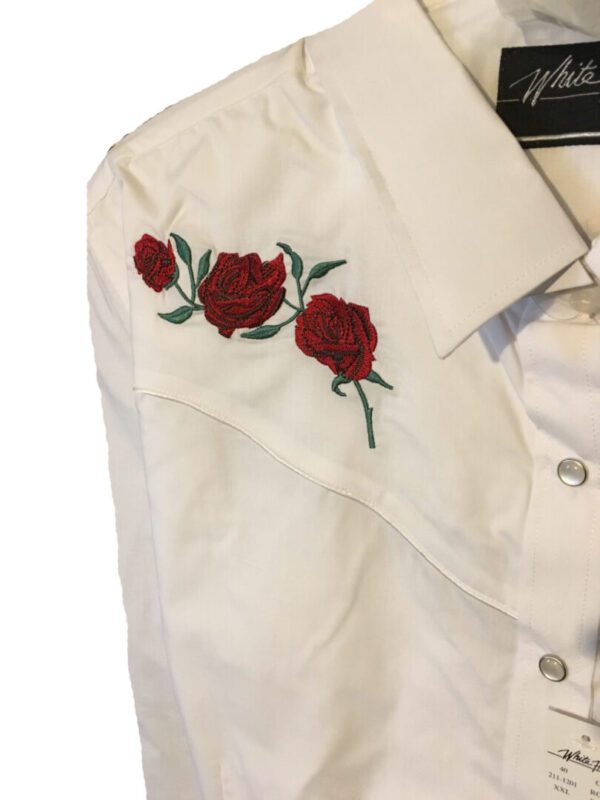 A Women's Red Texas Rose White Western Shirt with red roses embroidered on it.
