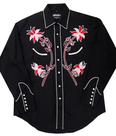 "Hibiscus" Womens Black Embroidered Rhinestone Western Shirt <ul> <li>WHITE HORSE BRAND</li> <li>RHINESTONE ACCENTS</li> <li>65% Poly 35%Cotton</li> <li>Small - XL</li> </ul> •