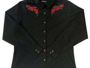 A Womens Red Texas Rose Black Western Shirt with roses embroidered on it.