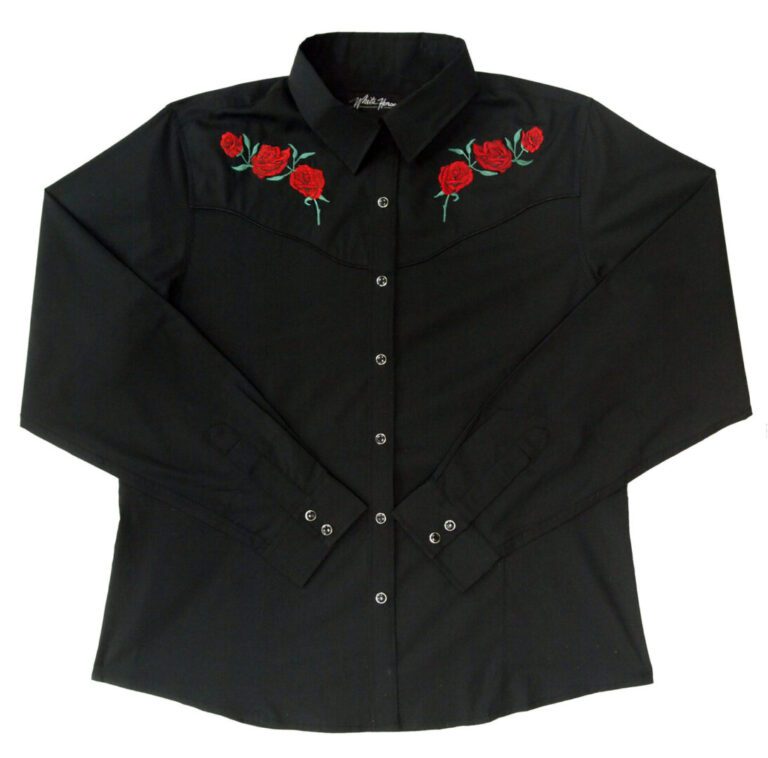 A Womens Red Texas Rose Black Western Shirt with roses embroidered on it.