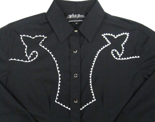 A Chain Embroidered Womens Retro Black Western Shirt with white embroidery on the sleeve.
