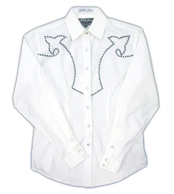 A Chain Embroidered Womens Retro White Western Shirt with black stitching.