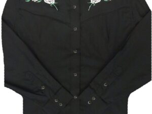 A Ladies White rose Black western shirt by White Horse with white roses on the sleeve.