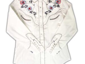 A white Womens Pearl Snap Flower Embroidered Western Shirt with embroidered flowers.