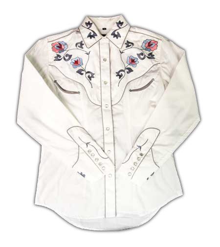 A white Womens Pearl Snap Flower Embroidered Western Shirt with embroidered flowers.