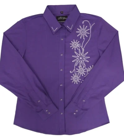 Ladies long sleeve PURPLE western shirt.</p> <ul style="list-style: square inside none;"> <li>SILVER embroidered rowels</li> <li>Rhinestones accents</li> <li>Pearl snaps</li> <li>55% Cotton, 45% Polyester</li> <li>MED-LARGE ONLY</li> </ul> •