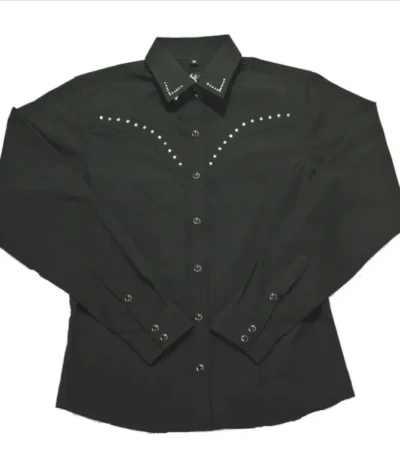 <strong>Ladies Rhinestone accented Black western shirt </strong> <ul> <li><strong>Longsleeve </strong>Ladies western shirt</li> <li>65% POLY, 35% cotton</li> <li>X-SMALL to 2XL</li> </ul> •