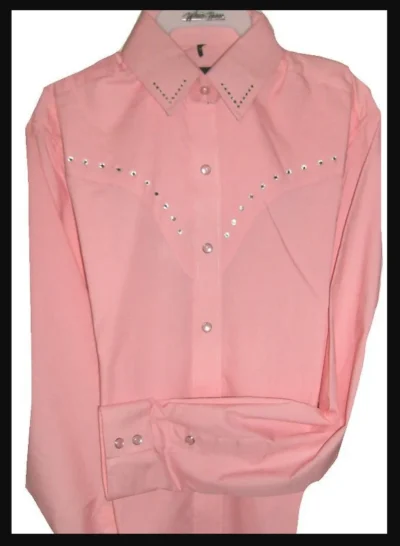 Womens Pastel Pink Rhinestone western shirt <ul> <li>65% Poly,35% Cotton</li> <li>Rhinestone accents</li> <li>L, XL ONLY</li> </ul> •