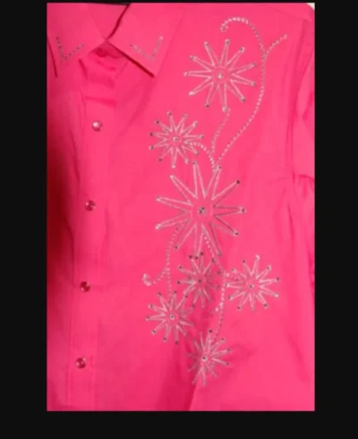 Ladies long sleeve Hot Pink western shirt. <ul style="list-style: square inside none;"> <li>SILVER embroidered rowells</li> <li>Rhinestones accents</li> •