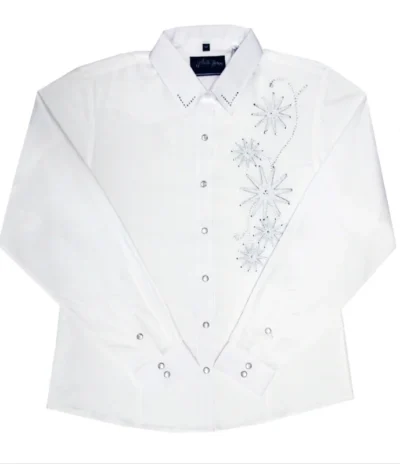 Ladies longsleeve White western shirt. <ul style="list-style: square inside none;"> <li><strong>Rhinestones accents</strong></li> <li>55% Cotton, 45% Poly</li> </ul> •