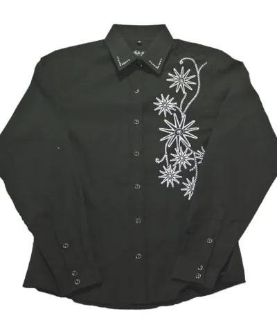 Womens Black Western Rhinestone Rowel Western Shirt <ul style="list-style: inside none square;"> <li>silver spurs design</li> <li>Rhinestones</li> <li>Black pearl snaps</li> <li>65% Cotton, 35% Poly</li> •