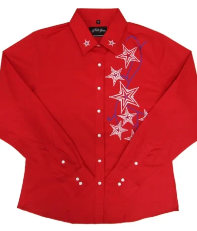 Womens Star Embroidered Rhinestone Red Western Shirt <ul> <li>WHITE HORSE BRAND</li> <li>65% Cotton, 35% Polyester</li> <li>RHINESTONE ACCENTS</li> <li>Small - 2XL</li> </ul> •