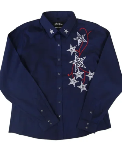 Womens Star Embroidered Rhinestone Blue Western Shirt <ul> <li>WHITE HORSE BRAND</li> <li>RHINESTONE ACCENTS</li> <li>65% Cotton, 35% Polyester</li> <li>Small - 2XL</li> </ul> •