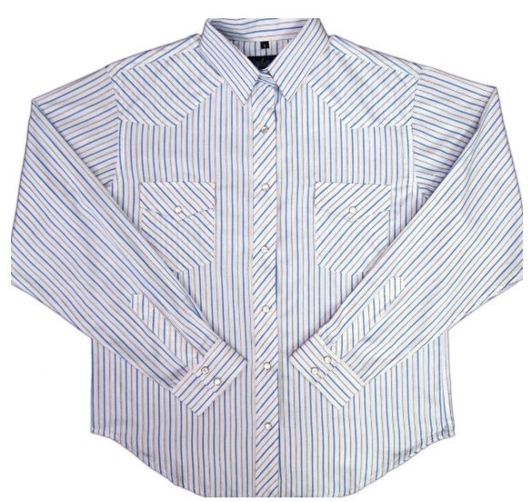 A Womens Blue Striped Pearl Snap Western Shirt on a white background.