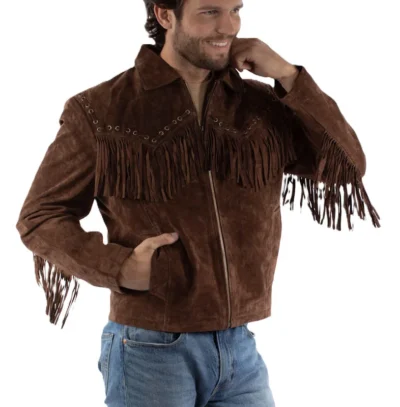 men's brown suede fringe western jacket