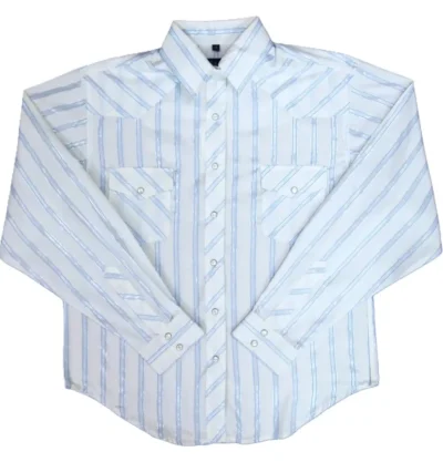 women's light blue striped pearl snap silver lurex western shirt.