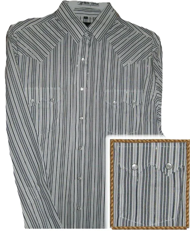 women's black striped pearl snap silver lurex western shirt.