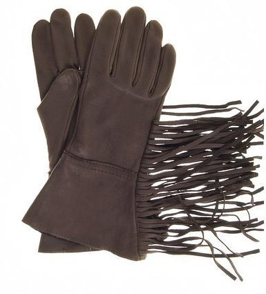 A pair of Deerskin leather brown western fringe gloves USA made.