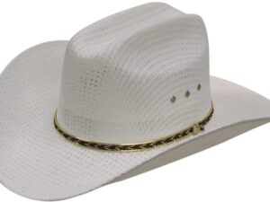 A Tightweave Cattleman White Cowboy Hat with a gold band.