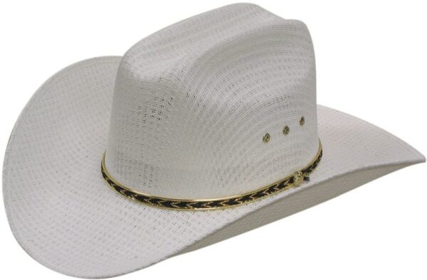 A Tightweave Cattleman White Cowboy Hat with a gold band.