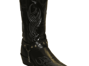 A pair of USA MADE Men's Black Harness Sage Cowboy Boots on a white background.