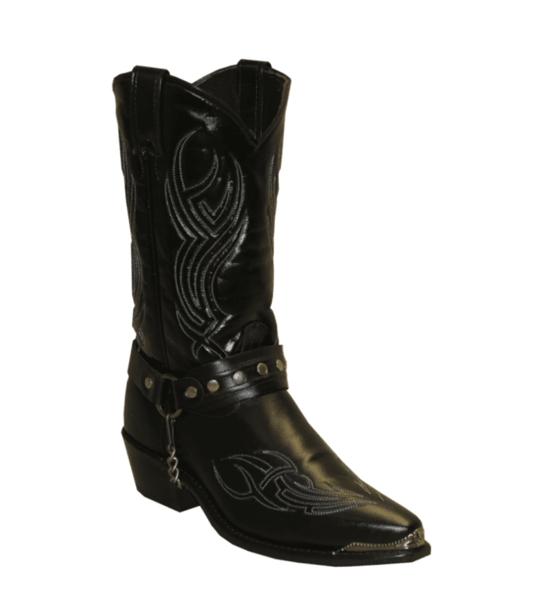 A pair of USA MADE Men's Black Harness Sage Cowboy Boots on a white background.