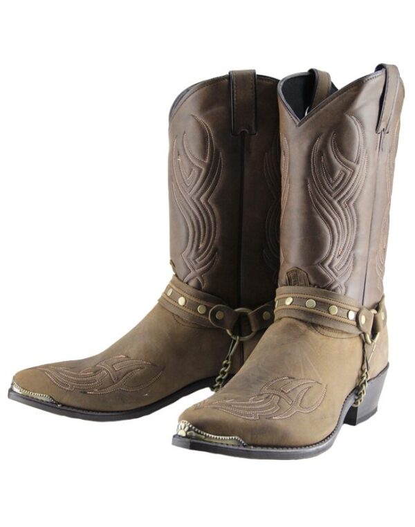 A pair of USA MADE Men's Brown Harness Sage Cowboy Boots on a white background.