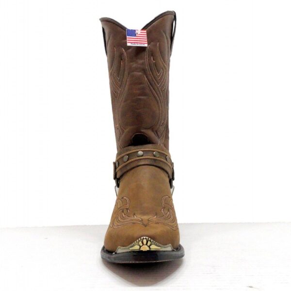 A pair of USA MADE Men's Brown Harness Sage Cowboy Boots with an American flag on the side, suitable for men.