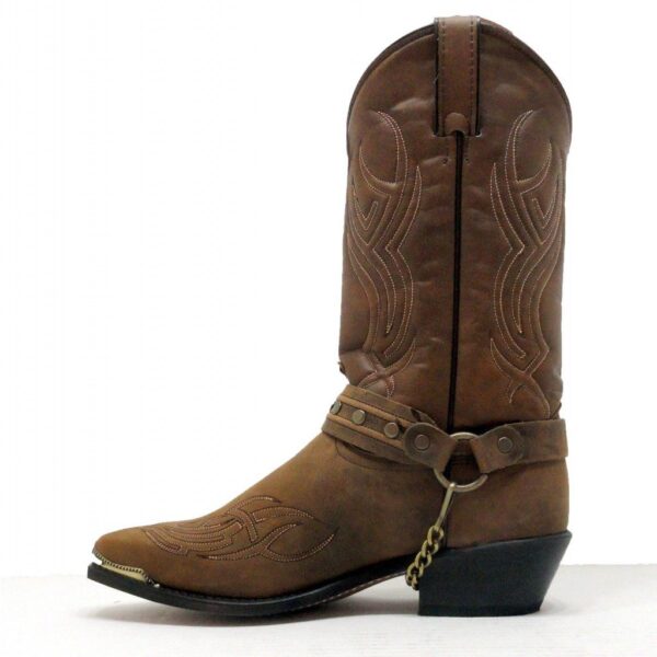 A USA MADE Men's Brown Harness Sage Cowboy Boot with a buckle on the side.
