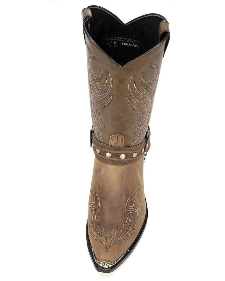 A women's USA MADE Men's Brown Harness Sage Cowboy Boot with studs, buckles and harness.