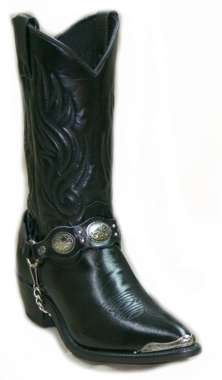 A black cowboy boot with a silver buckle.