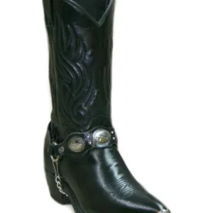 Men's black cowboy boot with a silver boot chain and boot tips