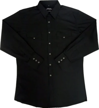CHILD Solid Black western shirt. <ul> <li>Pearl Snap buttons</li> <li>65% Poly, 35% Cotton</li> <li>XS- LARGE</li> </ul> •