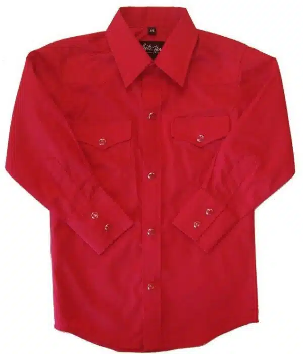 A Child Pearl snap, Red western shirt on a white background.