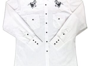 A Kids Horse Embroidered White Western Shirt with embroidered horses on it.