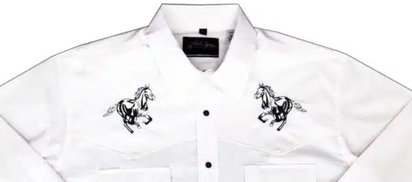 A Kids Horse Embroidered White Western Shirt with a horse embroidered on it.