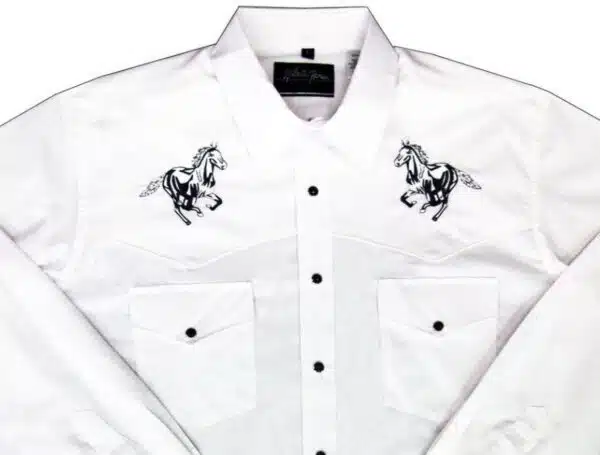 A Kids Horse Embroidered White Western Shirt with embroidered horses on it.
