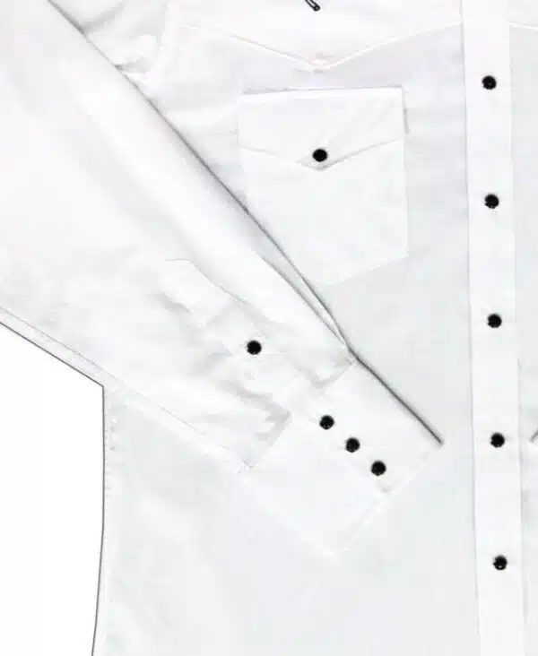 A Kids Horse Embroidered White Western Shirt with black buttons.
