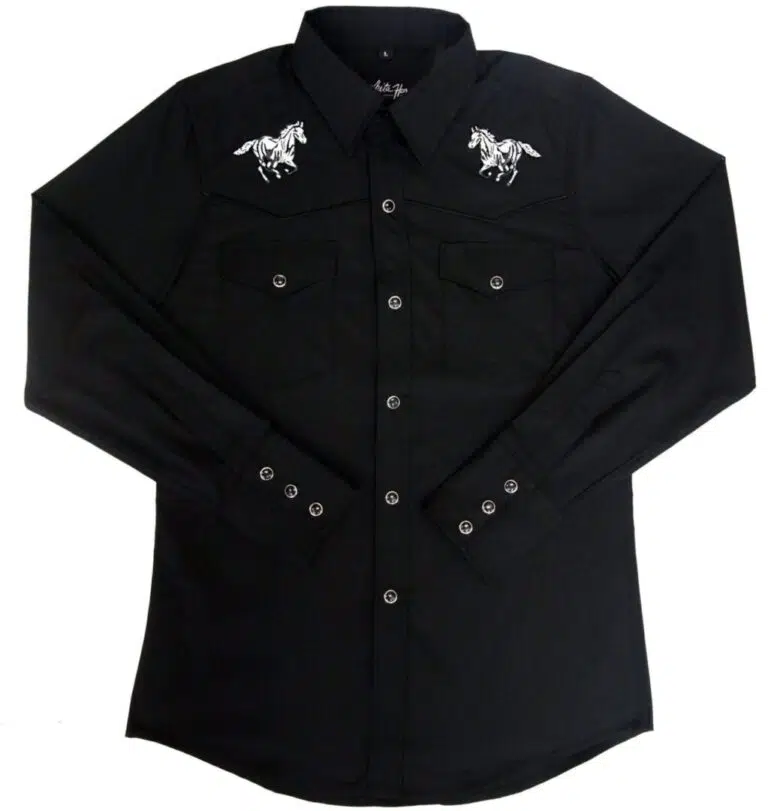 A Kids Horse Embroidered Black Western Shirt with a horse on the sleeve.