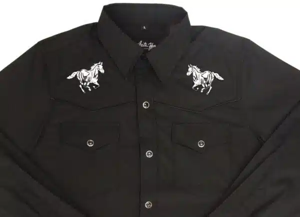 A Kids Horse Embroidered Black Western Shirt with horses on it.