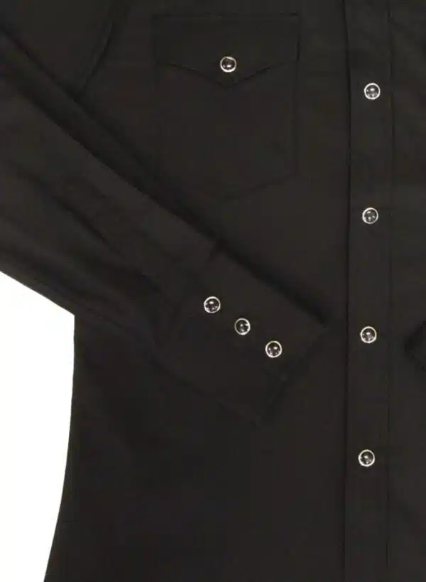 A Kids Horse Embroidered Black Western Shirt with buttons on the front.