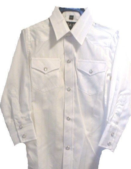 A child white tone on tone western shirt with buttons on it.